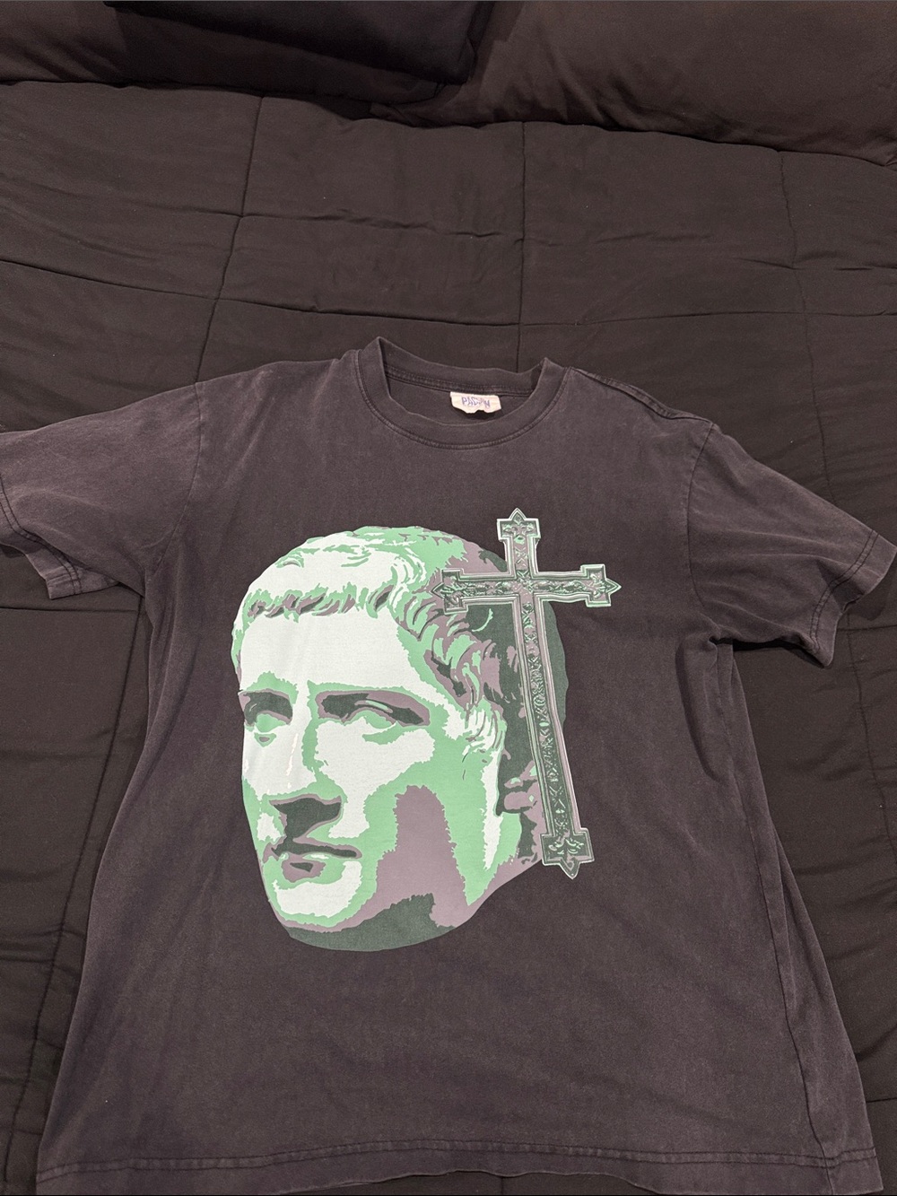 PacSun Black Short Sleeve Tee with Green Statue & Cross Graphic
